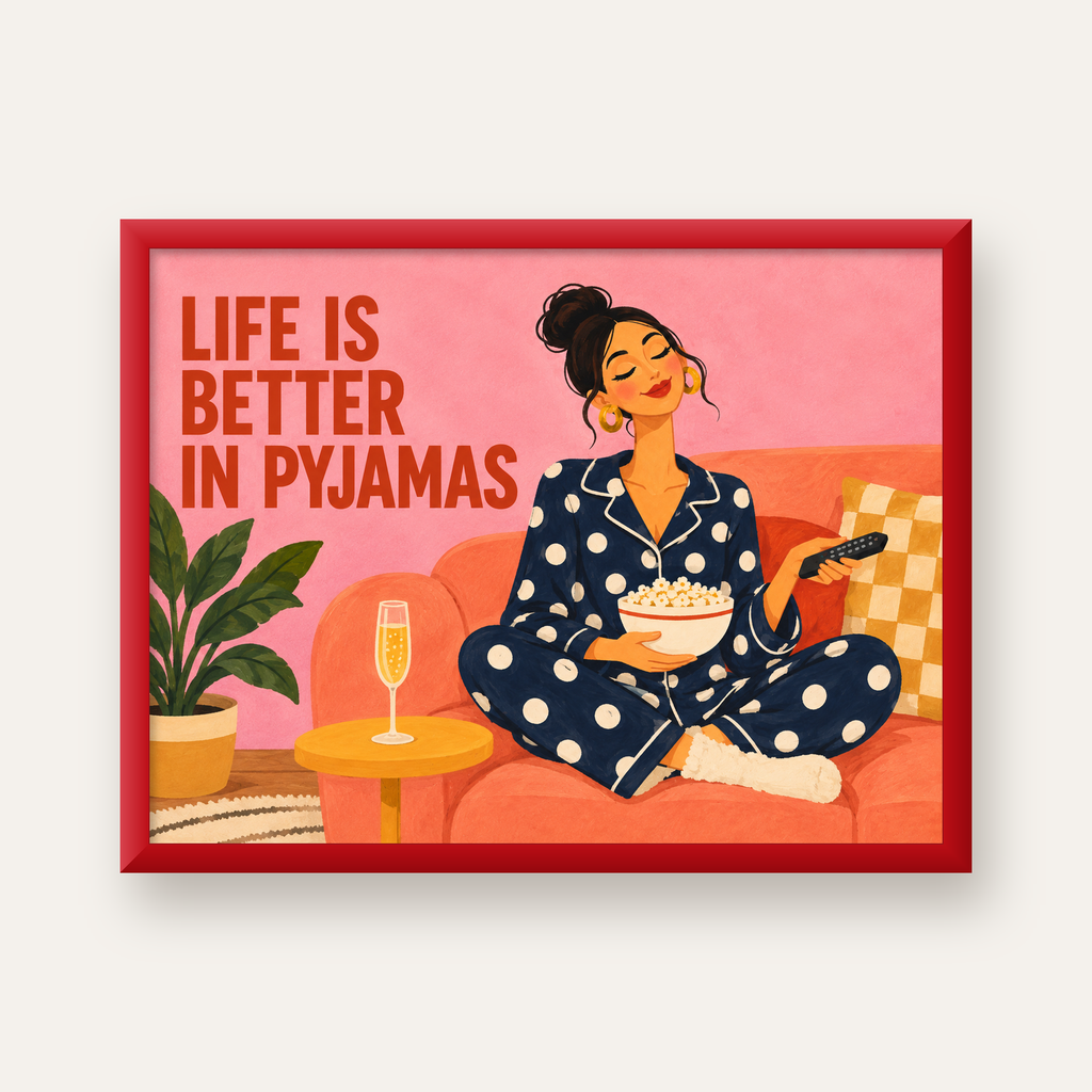 Pijama Keyfi İllüstrasyonlu Modern Poster – Rahat ve Şık Dekor — kırmızı çerçeveli