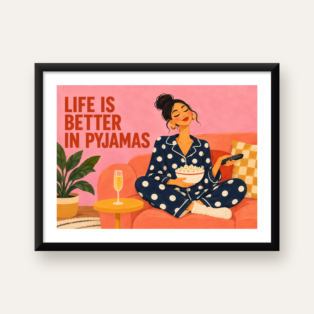 Pijama Keyfi İllüstrasyonlu Modern Poster – Rahat ve Şık Dekor — Yatay baskı, beyaz paspartulu
