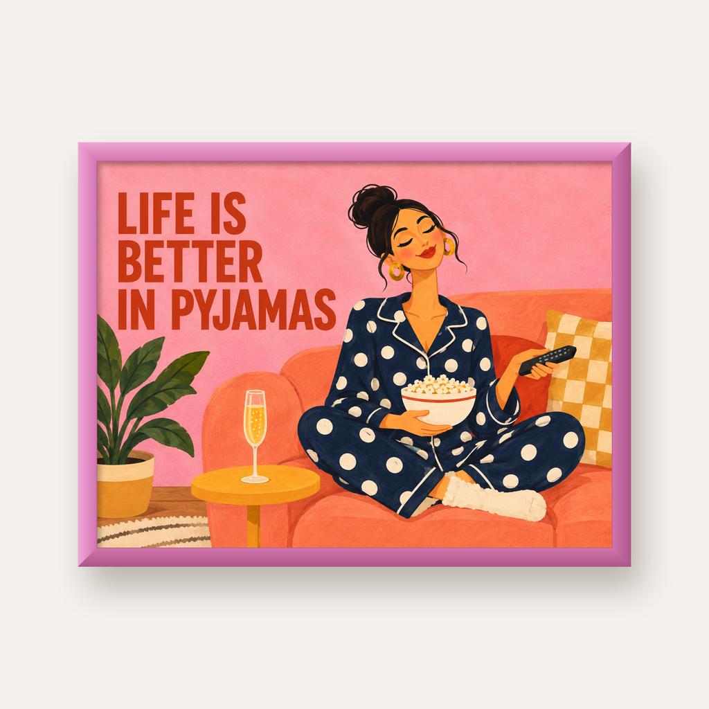 Pijama Keyfi İllüstrasyonlu Modern Poster – Rahat ve Şık Dekor — pembe çerçeveli