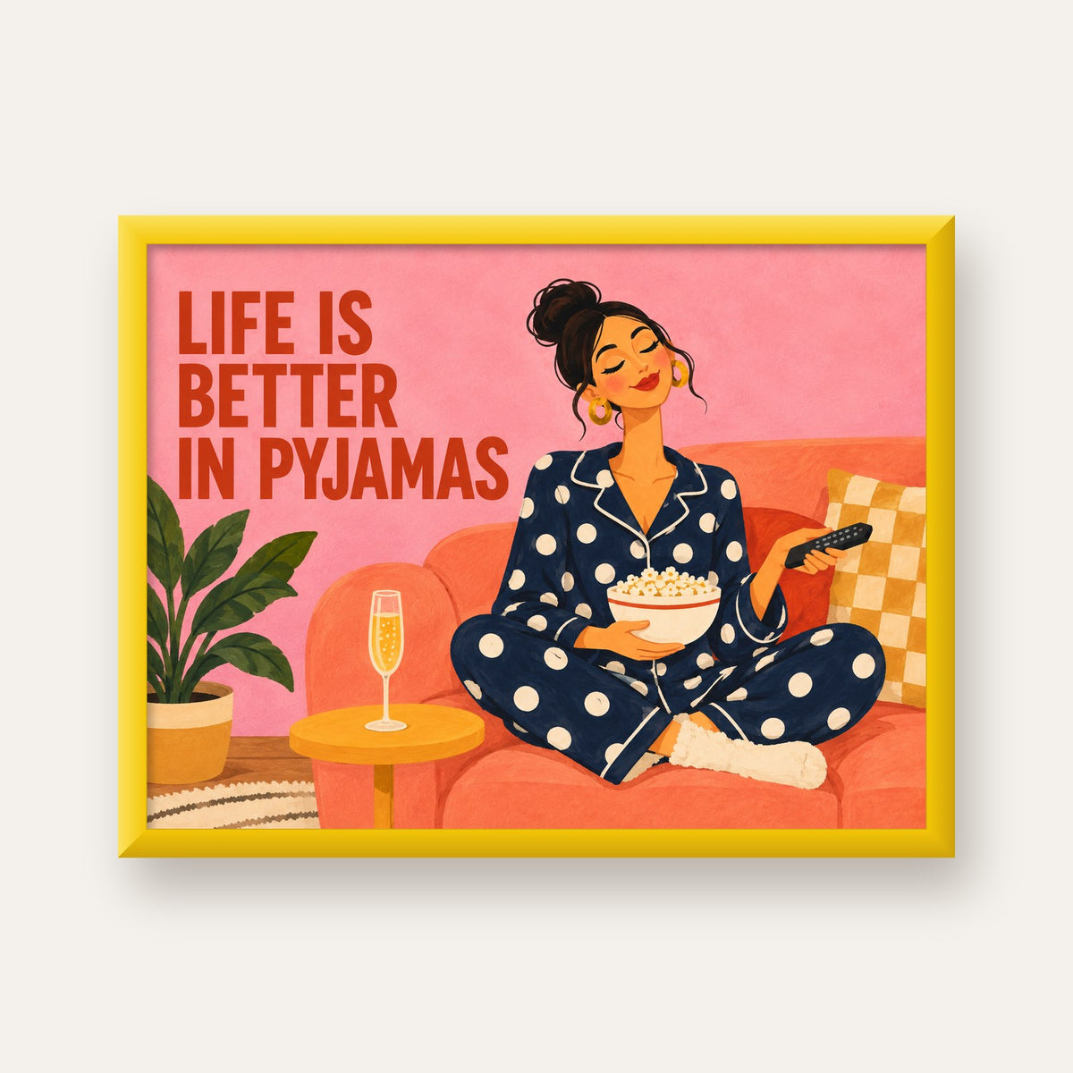 Pijama Keyfi İllüstrasyonlu Modern Poster – Rahat ve Şık Dekor — sarı çerçeveli