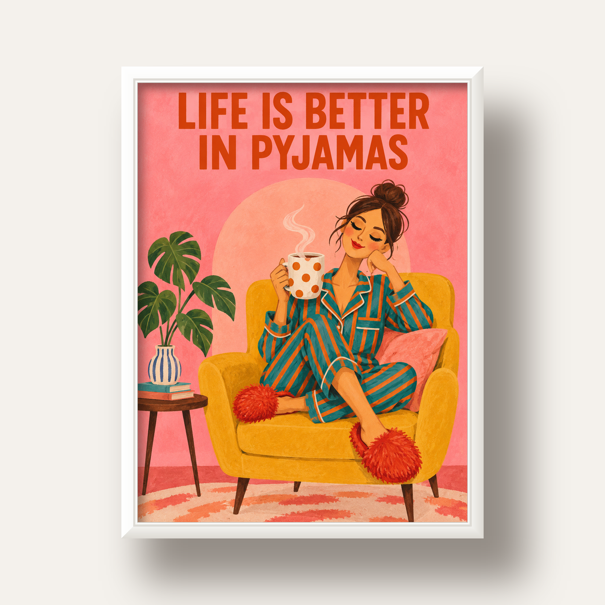 Pembe Arka Planlı Pijamalı Kadın Modern Poster — beyaz derin çerçeveli