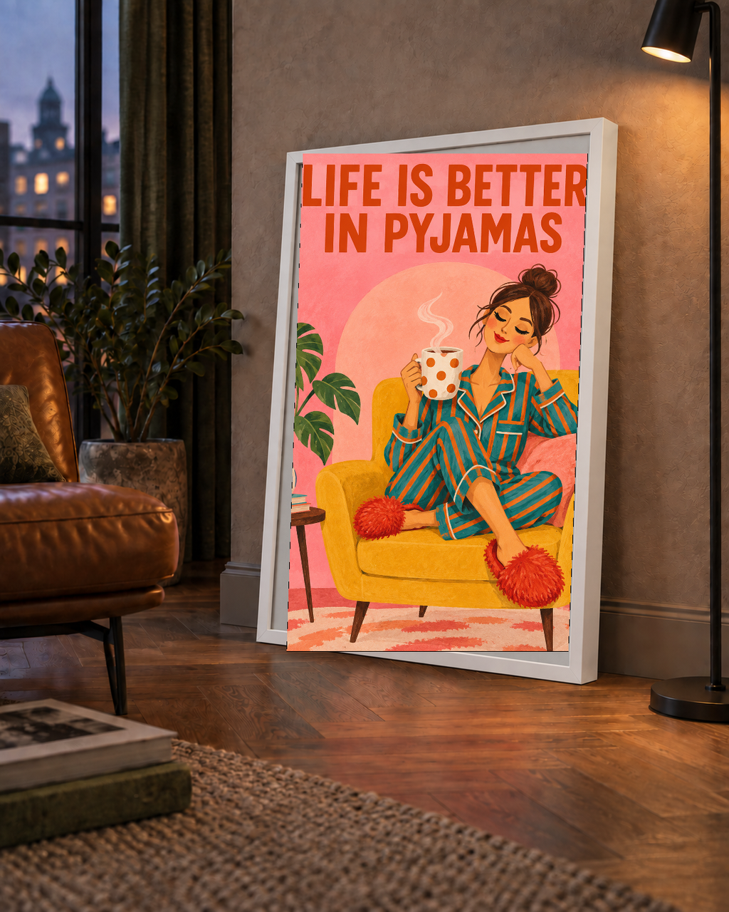 Pembe Arka Planlı Pijamalı Kadın Modern Poster