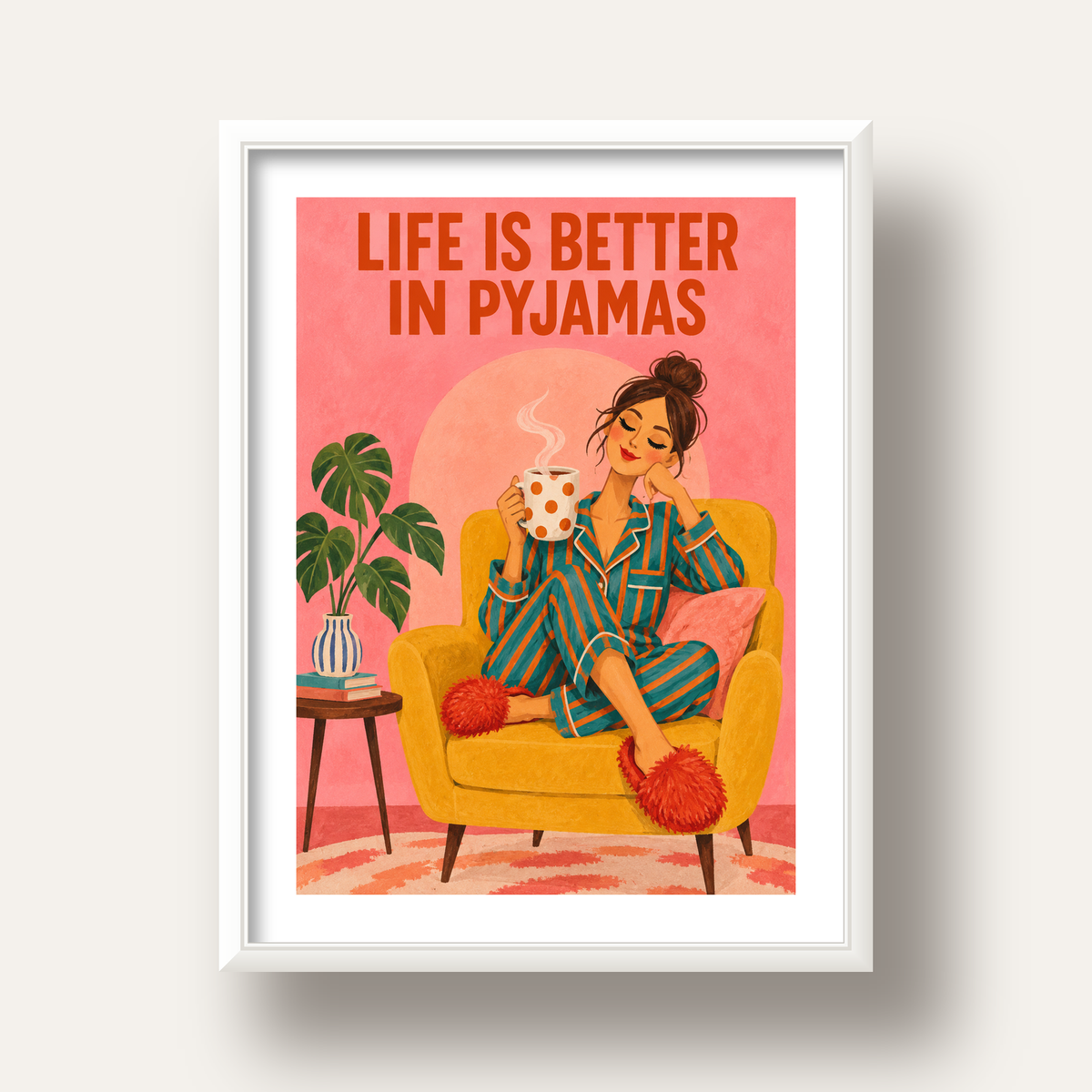 Pembe Arka Planlı Pijamalı Kadın Modern Poster — beyaz derin çerçeveli paspartulu