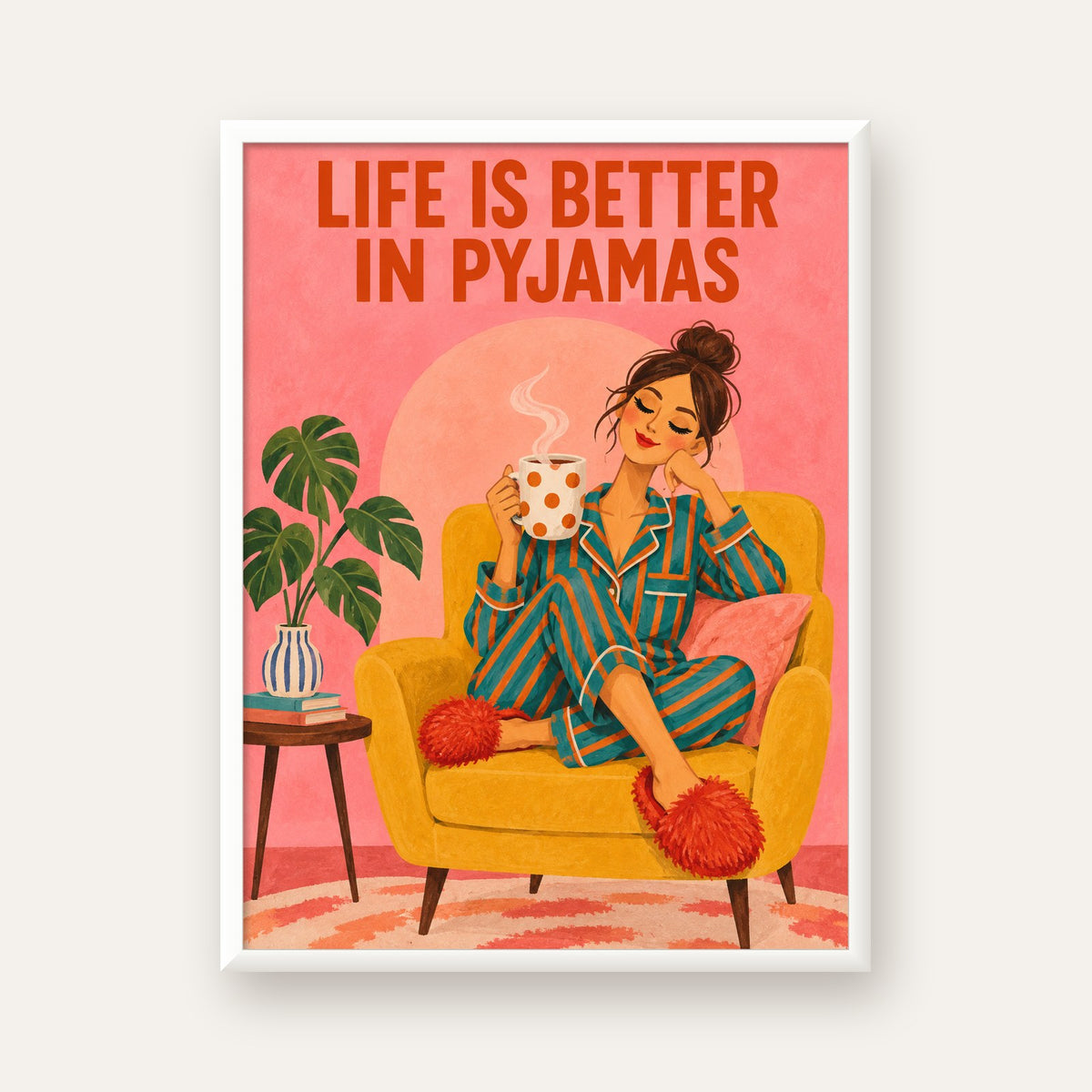 Pembe Arka Planlı Pijamalı Kadın Modern Poster — beyaz çerçeveli dikey poster
