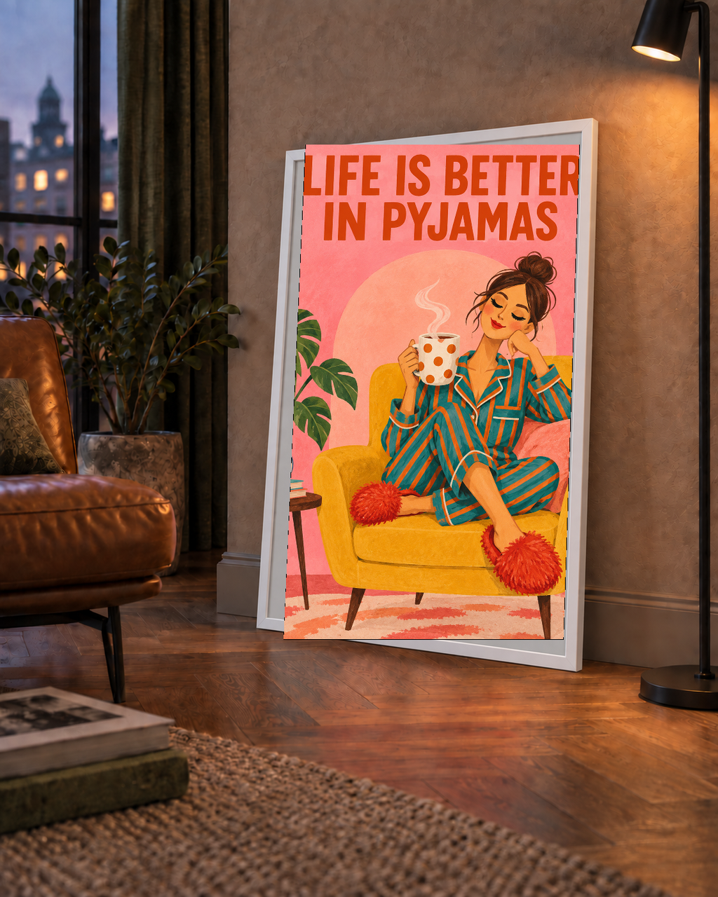 Pembe Arka Planlı Pijamalı Kadın Modern Poster