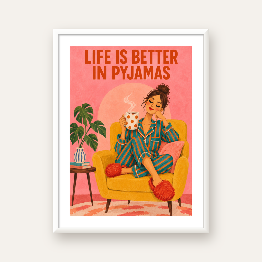 Pembe Arka Planlı Pijamalı Kadın Modern Poster — beyaz çerçeveli dikey poster