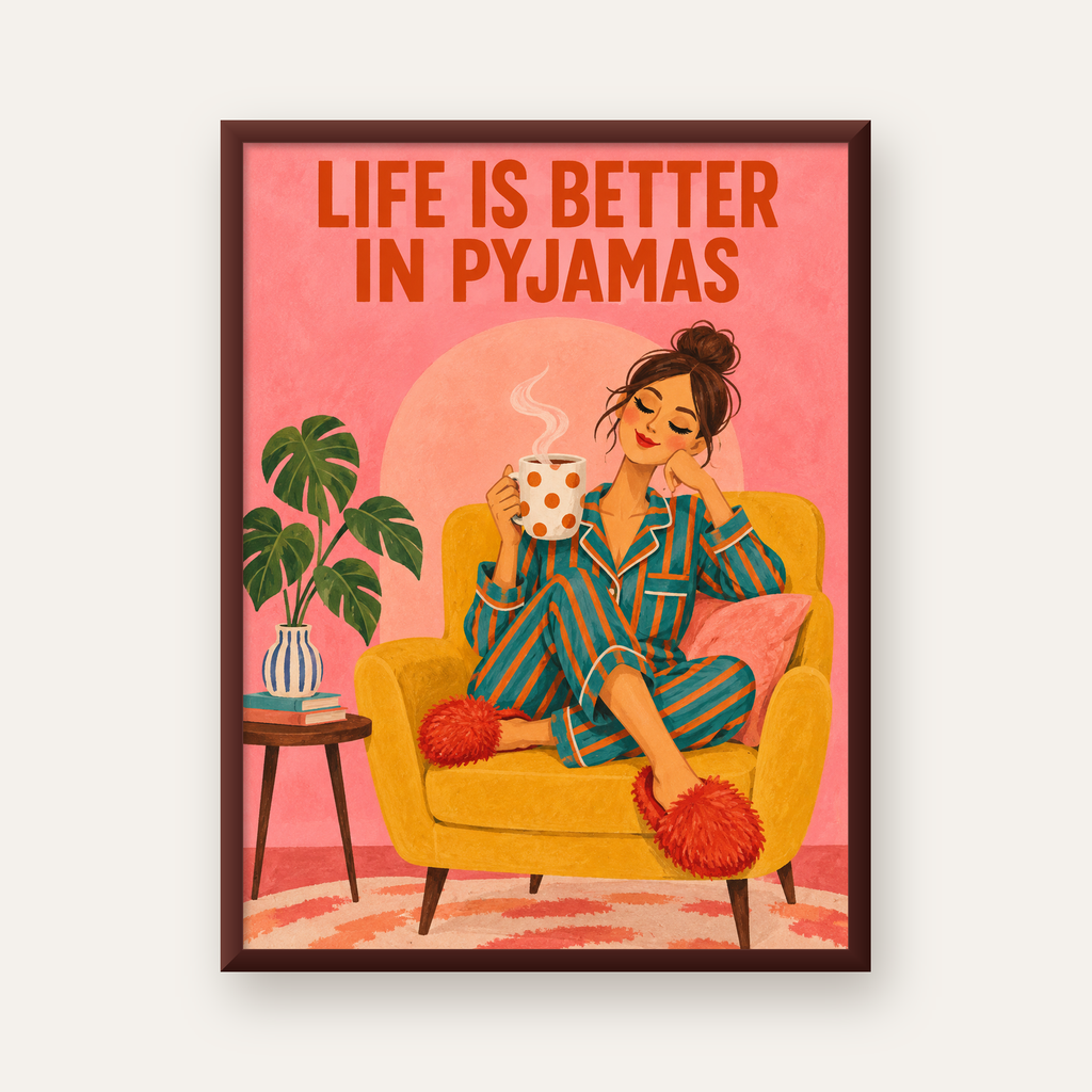 Pembe Arka Planlı Pijamalı Kadın Modern Poster — ceviz çerçeveli