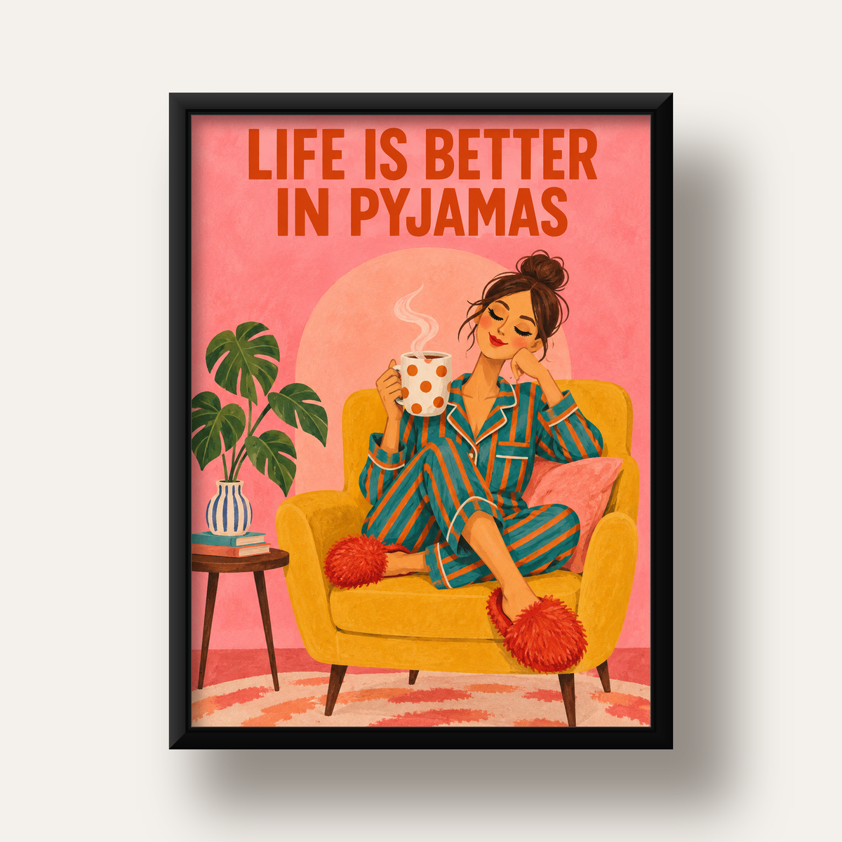 Pembe Arka Planlı Pijamalı Kadın Modern Poster — siyah derin çerçeveli