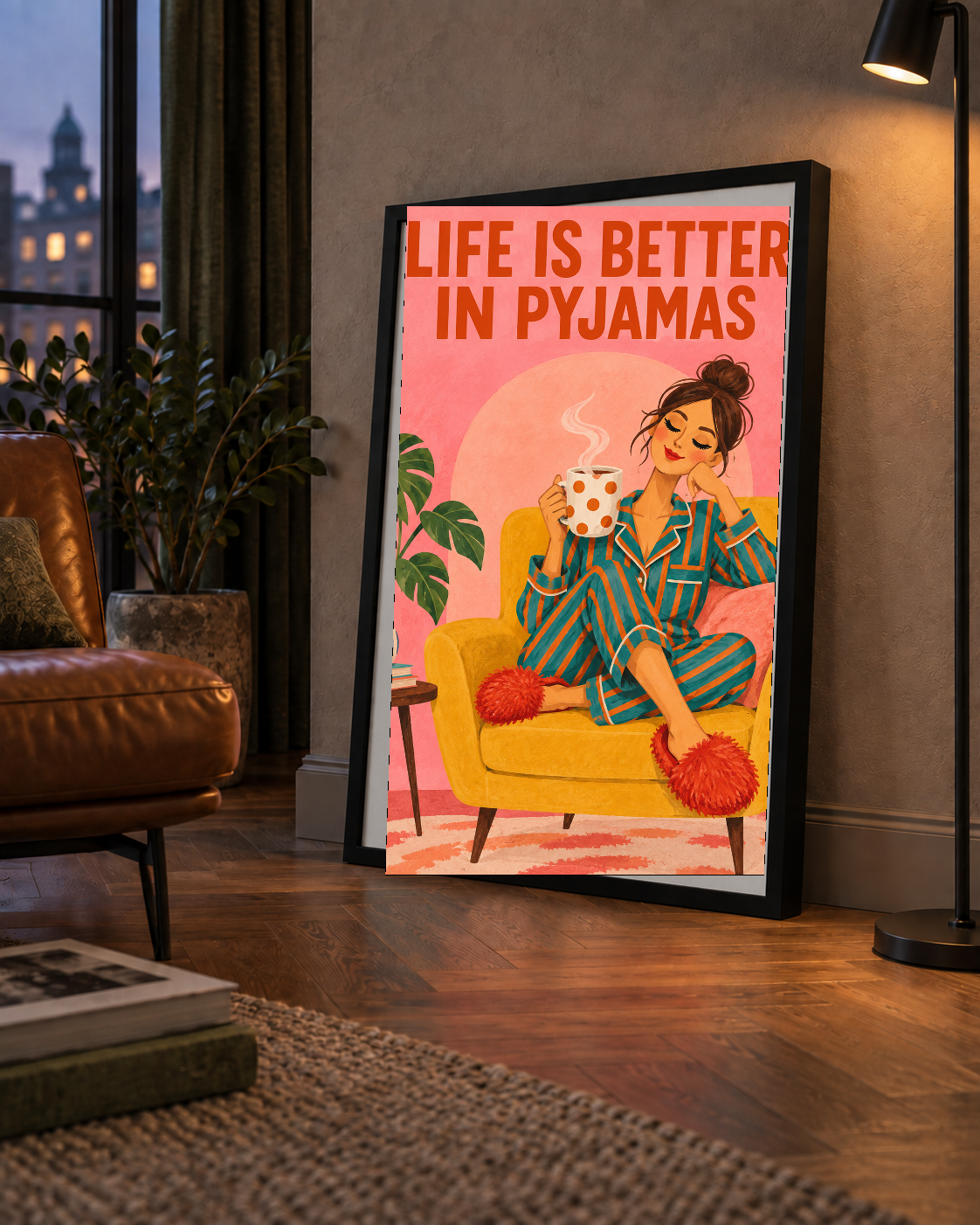 Pembe Arka Planlı Pijamalı Kadın Modern Poster