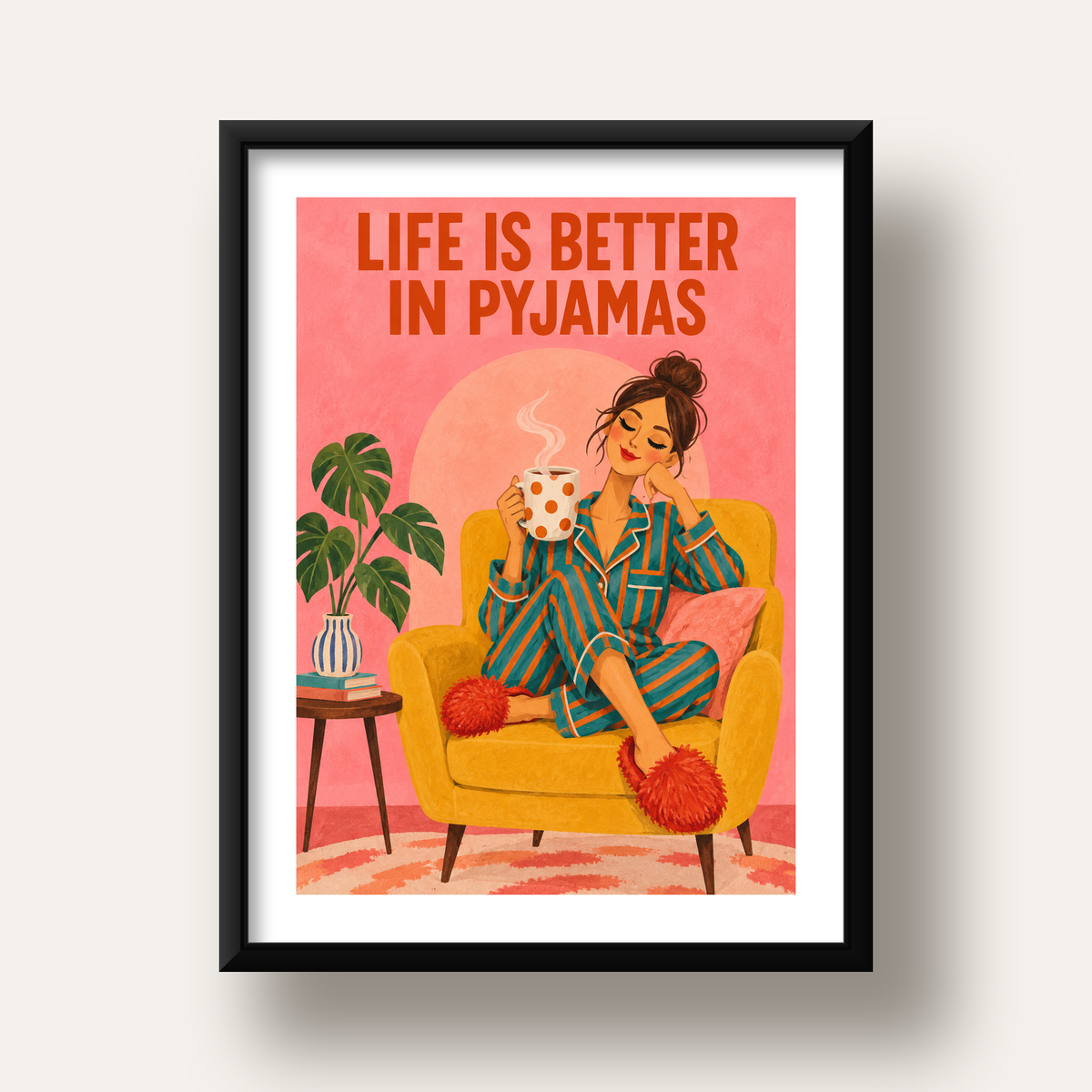 Pembe Arka Planlı Pijamalı Kadın Modern Poster — siyah derin çerçeveli paspartulu