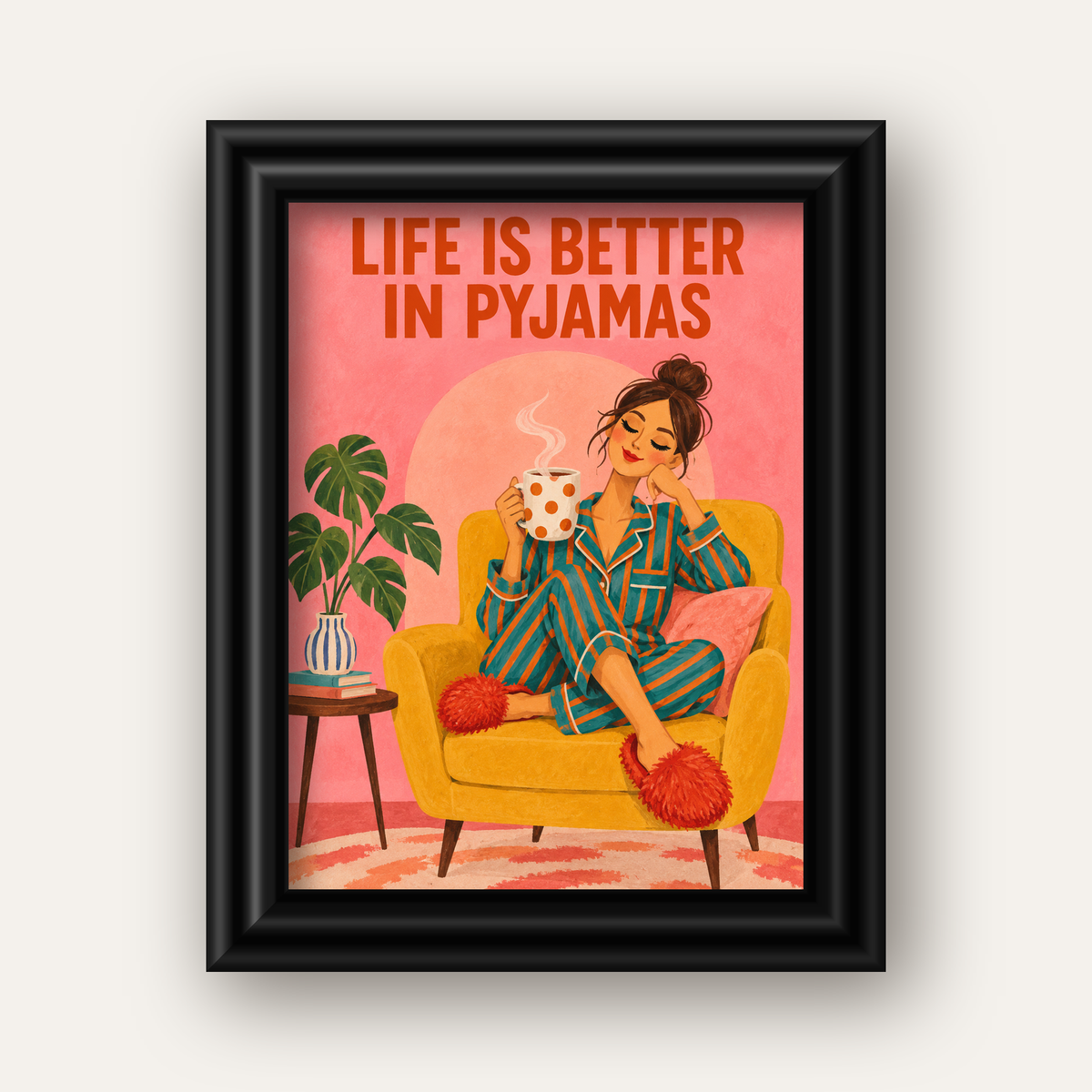 Pembe Arka Planlı Pijamalı Kadın Modern Poster — siyah galeri çerçeveli