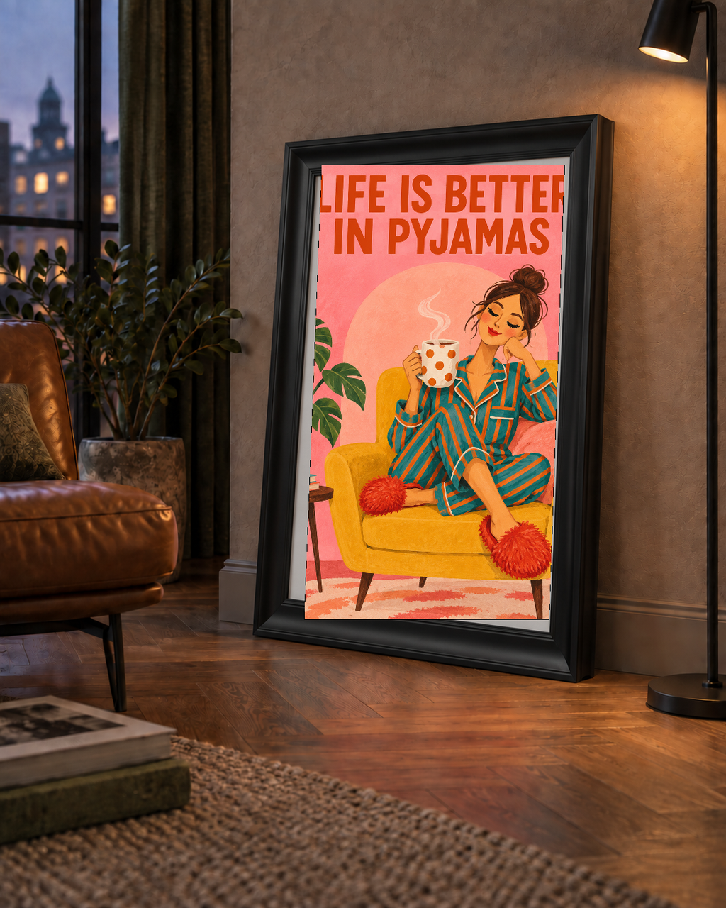 Pembe Arka Planlı Pijamalı Kadın Modern Poster