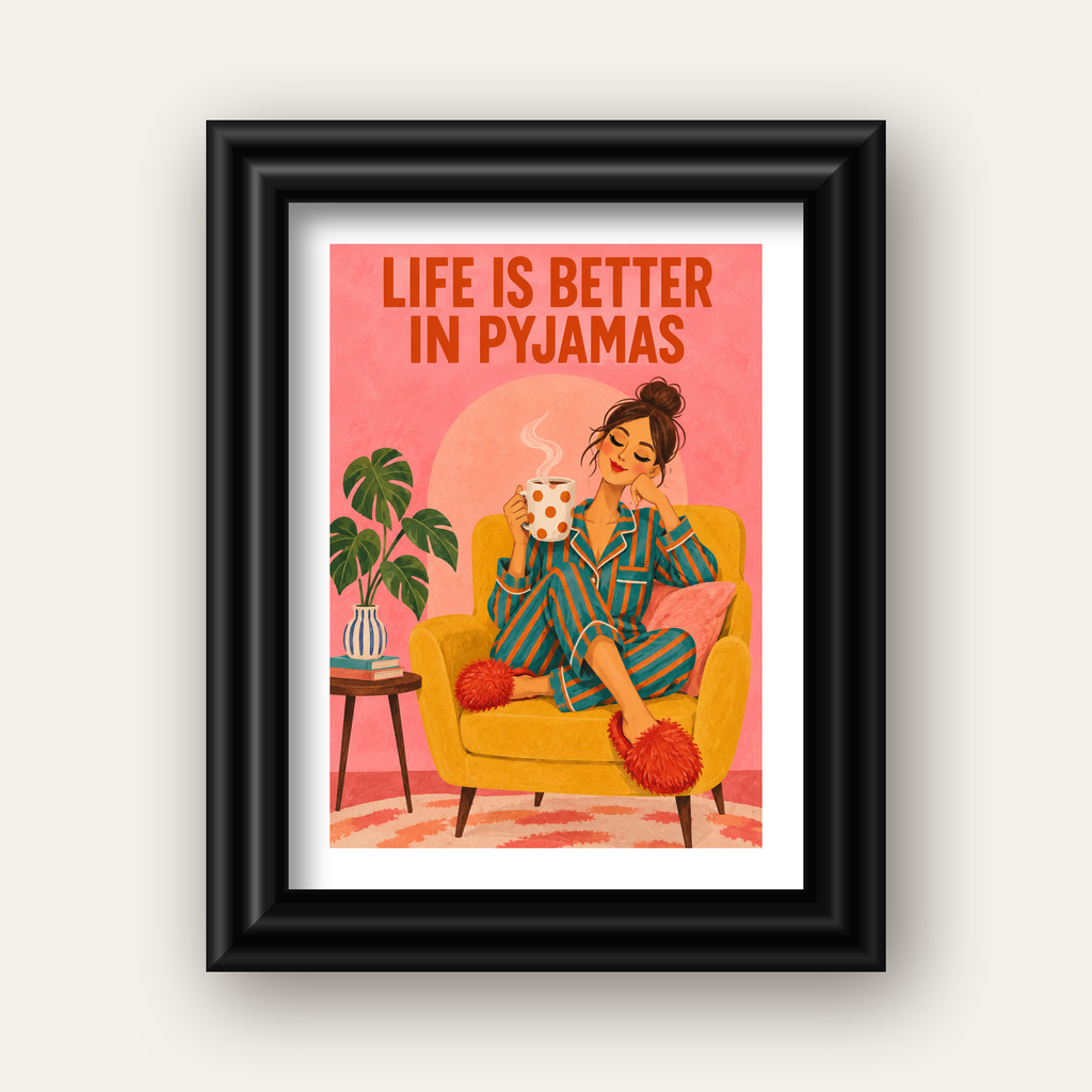 Pembe Arka Planlı Pijamalı Kadın Modern Poster — siyah galeri çerçeveli paspartulu