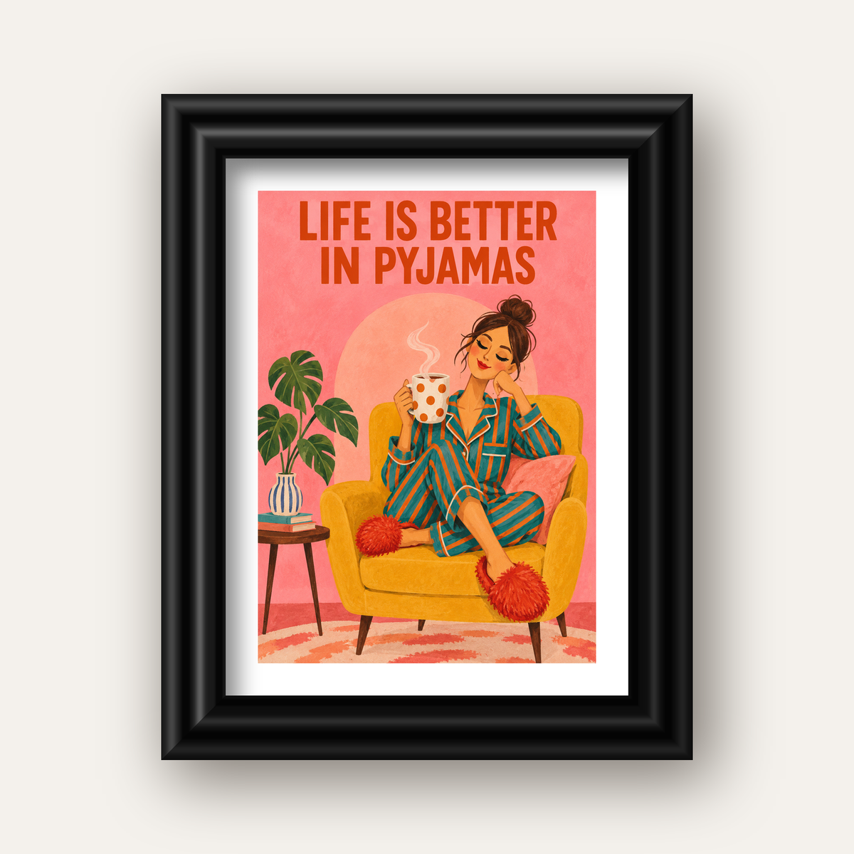 Pembe Arka Planlı Pijamalı Kadın Modern Poster — siyah galeri çerçeveli paspartulu