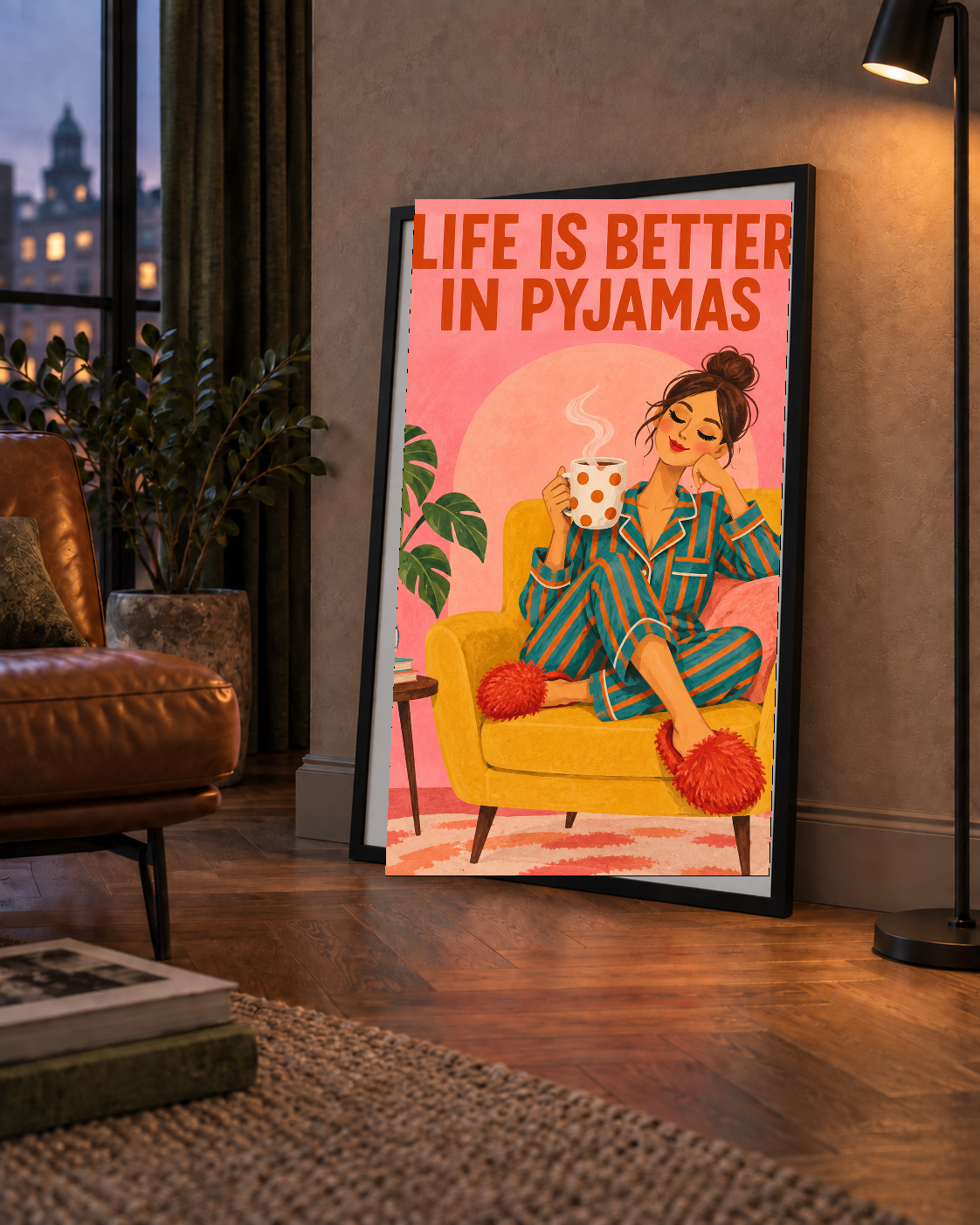 Pembe Arka Planlı Pijamalı Kadın Modern Poster