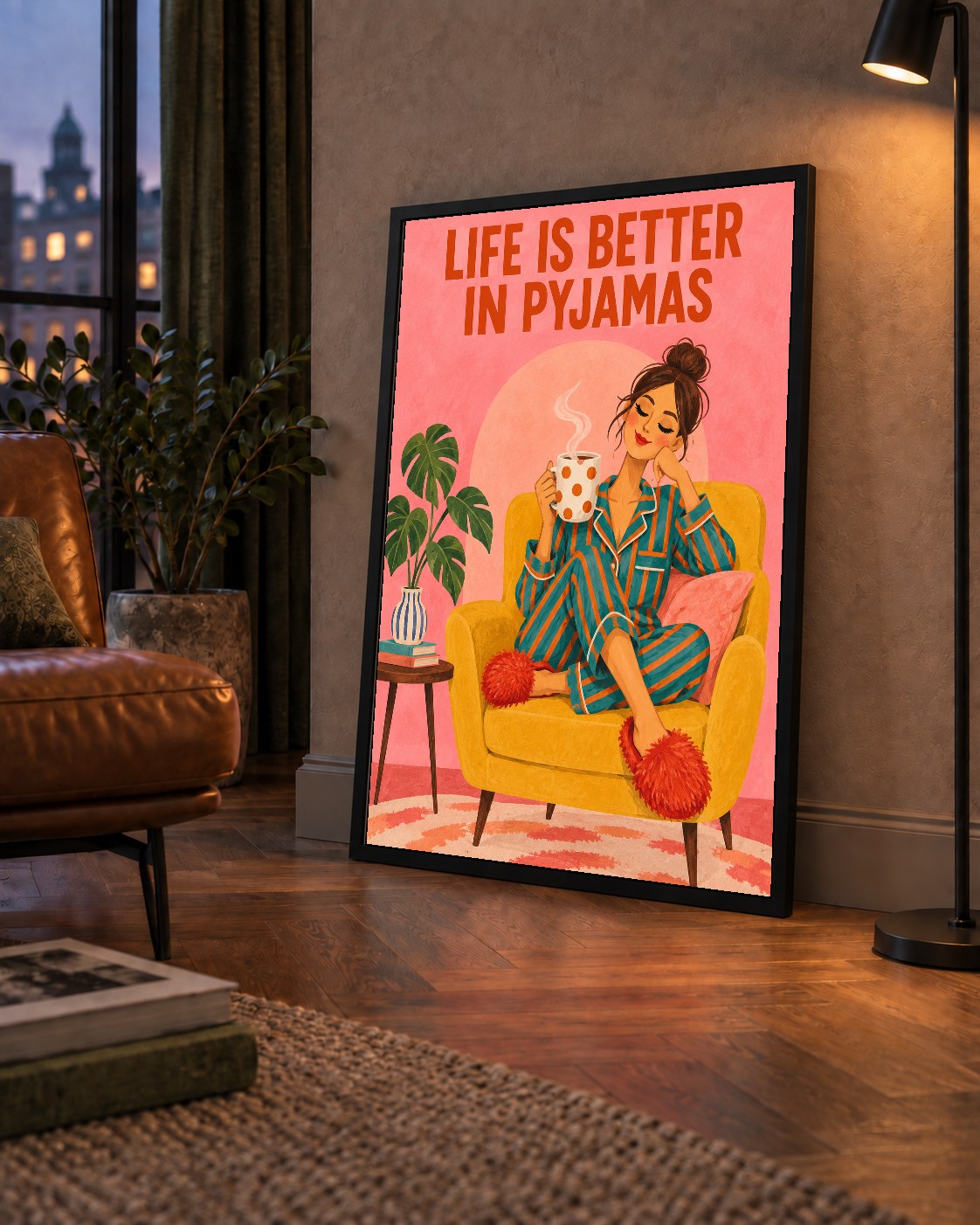 Pembe Arka Planlı Pijamalı Kadın Modern Poster