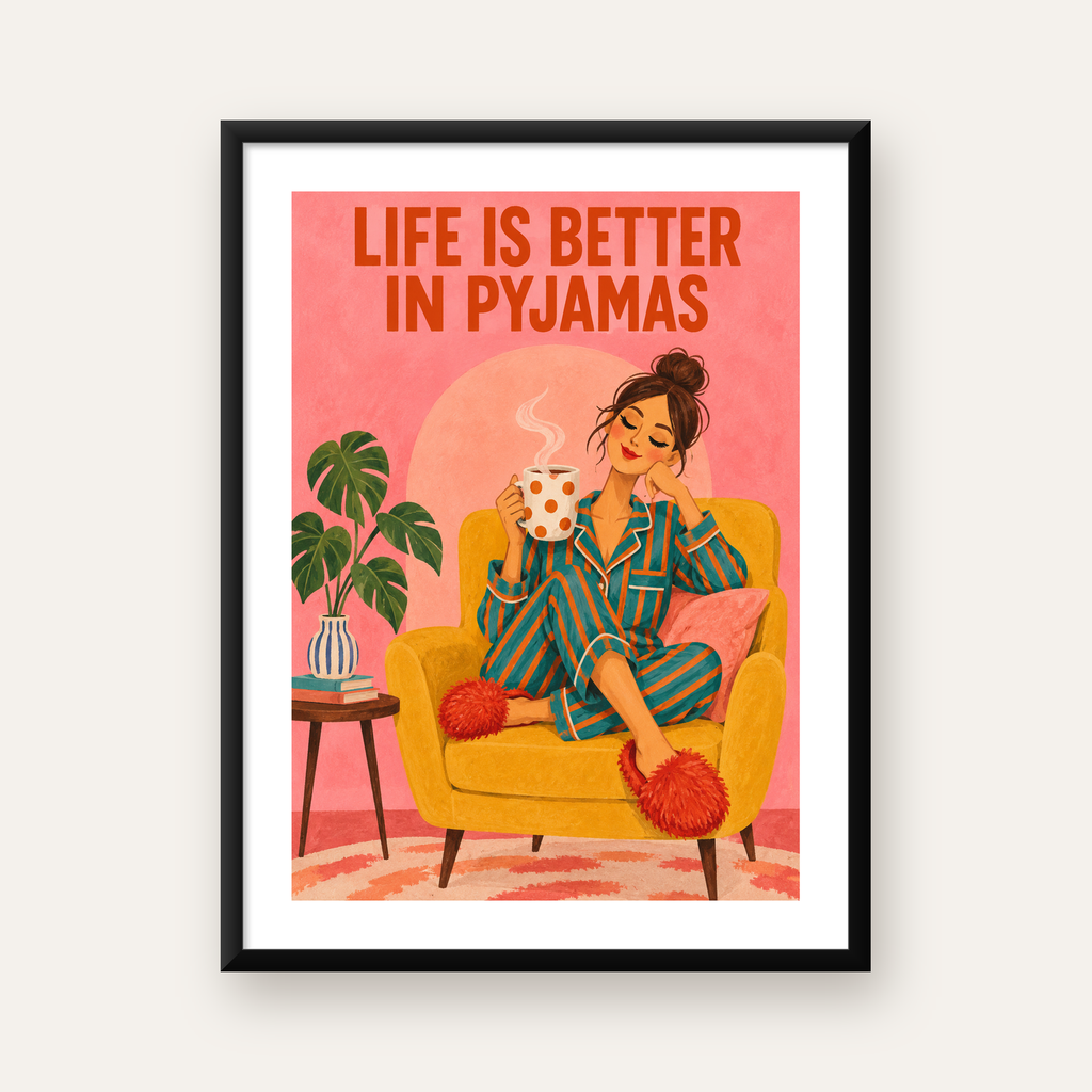 Pembe Arka Planlı Pijamalı Kadın Modern Poster — Dikey baskı, beyaz paspartulu
