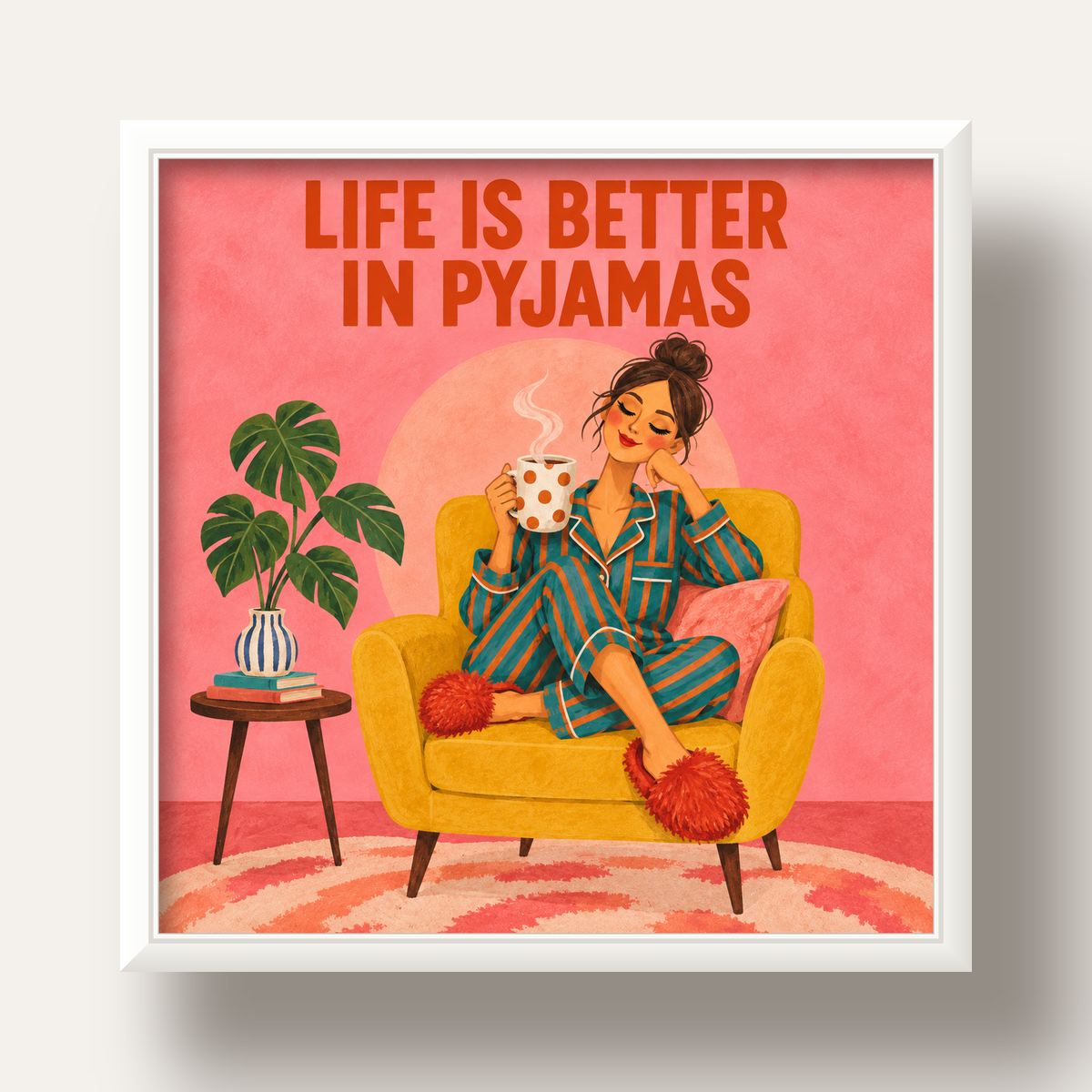 Pembe Arka Planlı Pijamalı Kadın Modern Poster — beyaz derin çerçeveli