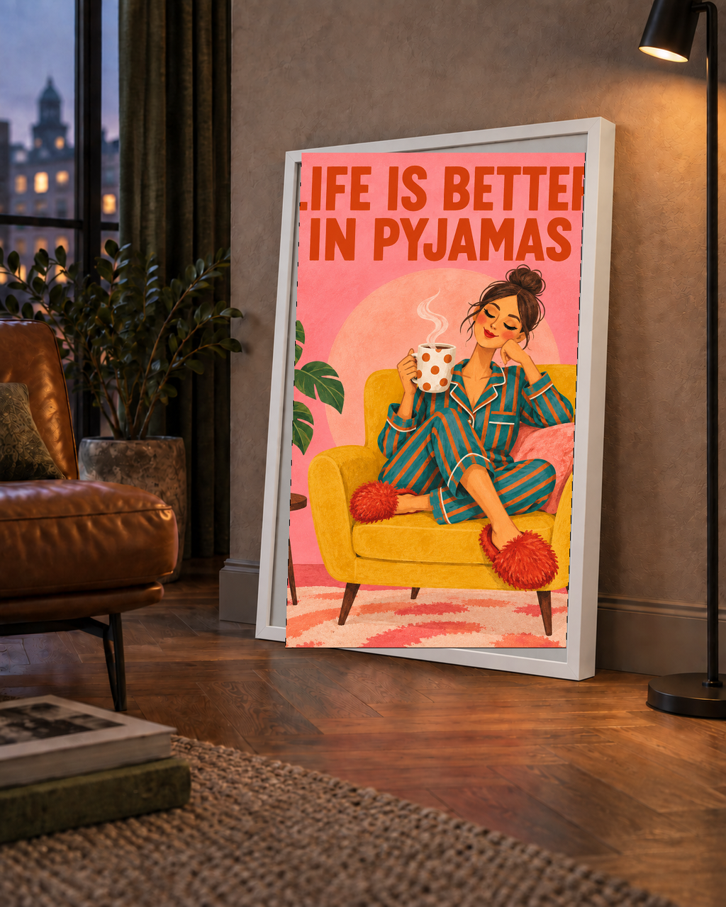 Pembe Arka Planlı Pijamalı Kadın Modern Poster