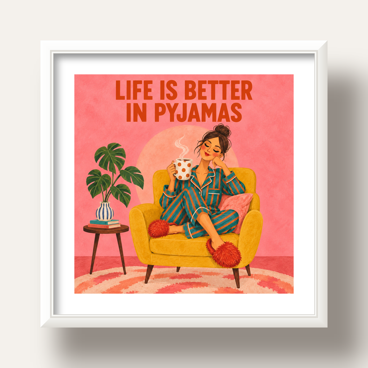 Pembe Arka Planlı Pijamalı Kadın Modern Poster — beyaz derin çerçeveli paspartulu