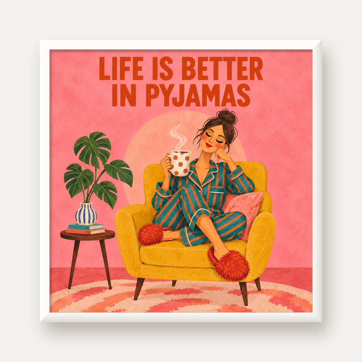 Pembe Arka Planlı Pijamalı Kadın Modern Poster — beyaz çerçeveli kare poster