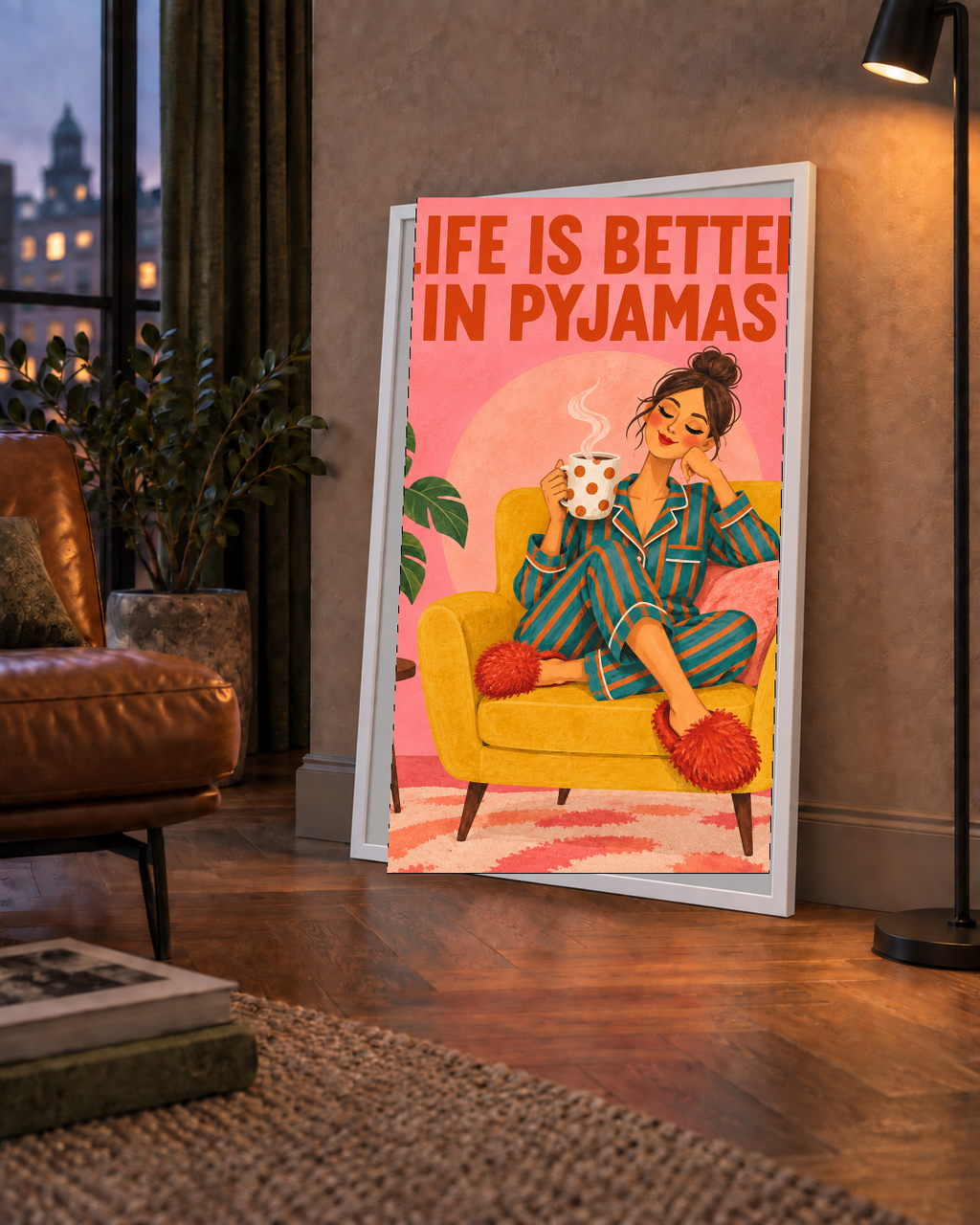 Pembe Arka Planlı Pijamalı Kadın Modern Poster
