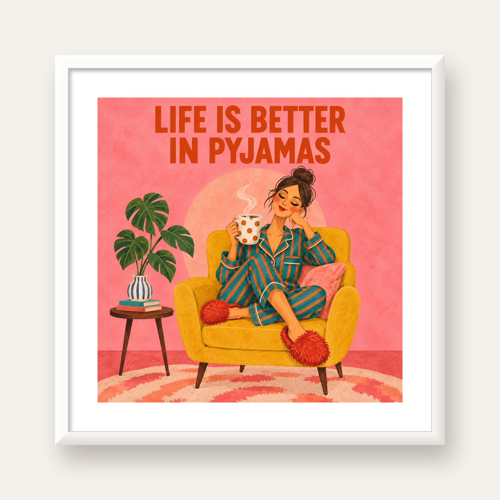 Pembe Arka Planlı Pijamalı Kadın Modern Poster — beyaz çerçeveli kare poster