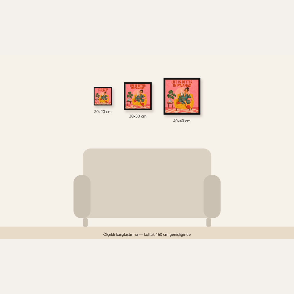 Pembe Arka Planlı Pijamalı Kadın Modern Poster — Kare ölçülerinin karşılaştırması