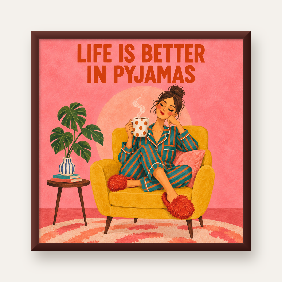 Pembe Arka Planlı Pijamalı Kadın Modern Poster — ceviz çerçeveli