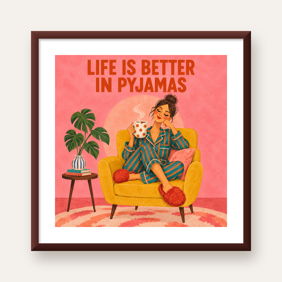 Pembe Arka Planlı Pijamalı Kadın Modern Poster — ceviz çerçeveli paspartulu