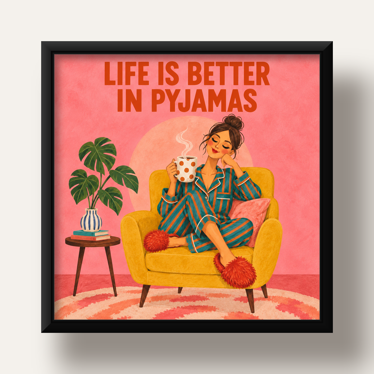 Pembe Arka Planlı Pijamalı Kadın Modern Poster — siyah derin çerçeveli