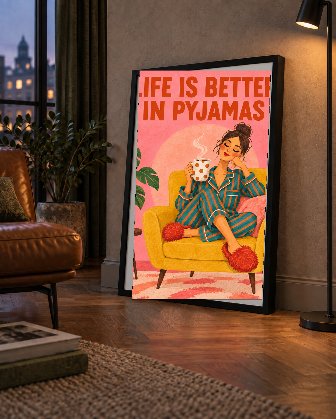 Pembe Arka Planlı Pijamalı Kadın Modern Poster