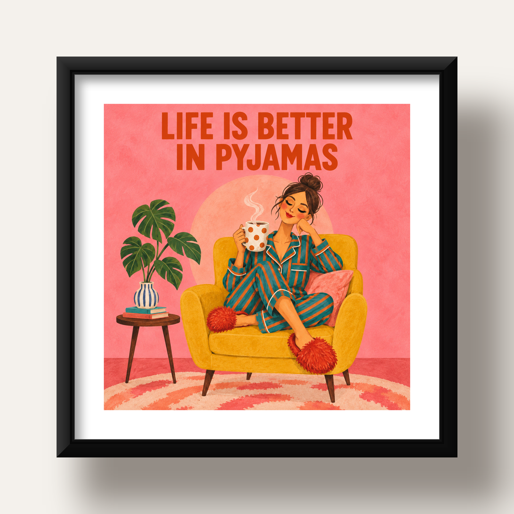 Pembe Arka Planlı Pijamalı Kadın Modern Poster — siyah derin çerçeveli paspartulu