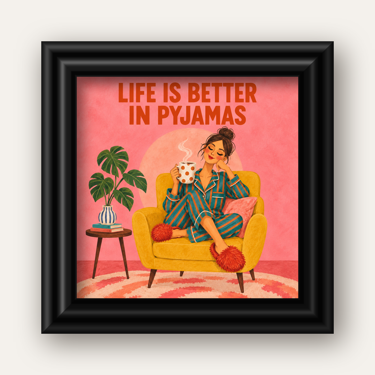 Pembe Arka Planlı Pijamalı Kadın Modern Poster — siyah galeri çerçeveli