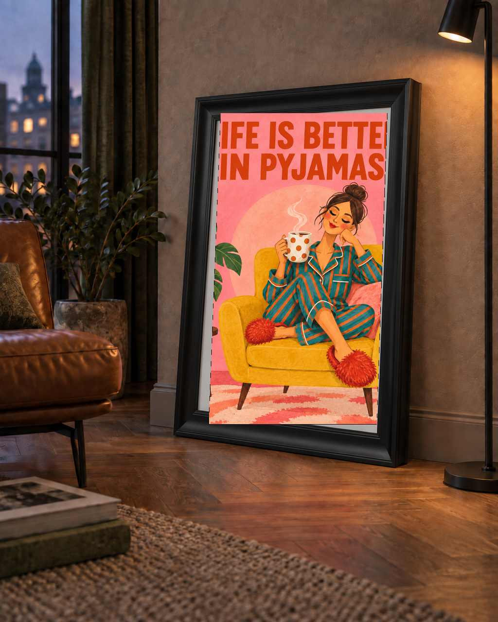 Pembe Arka Planlı Pijamalı Kadın Modern Poster