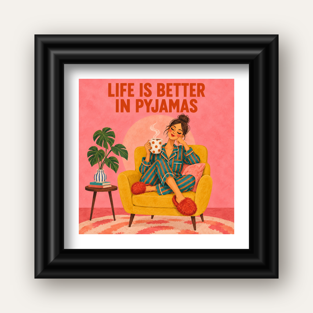Pembe Arka Planlı Pijamalı Kadın Modern Poster — siyah galeri çerçeveli paspartulu