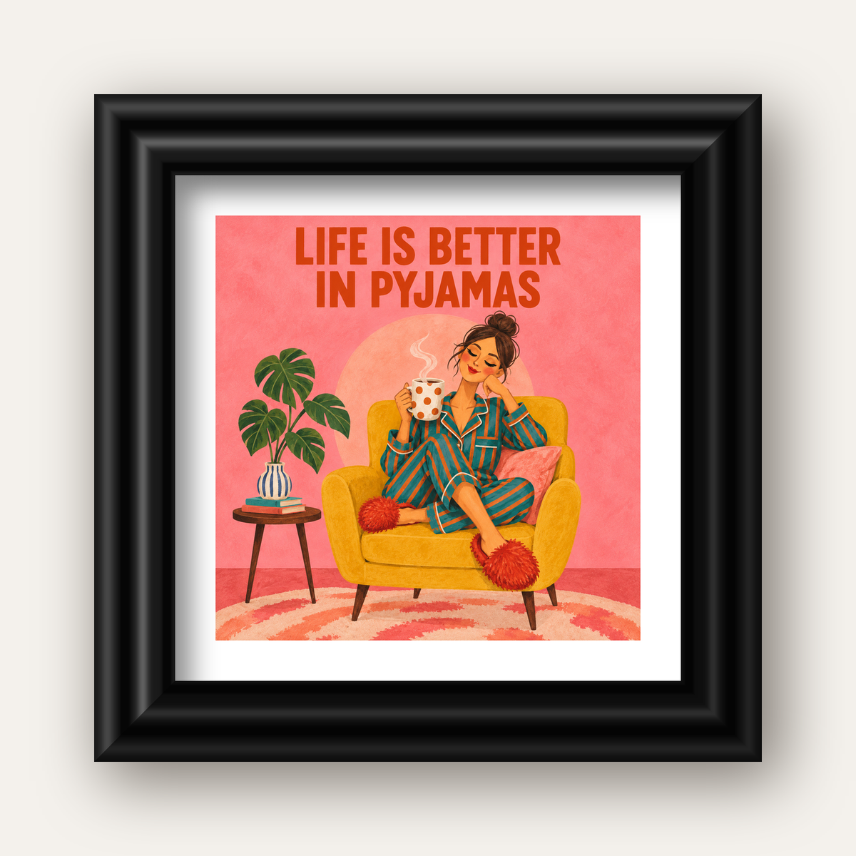 Pembe Arka Planlı Pijamalı Kadın Modern Poster — siyah galeri çerçeveli paspartulu