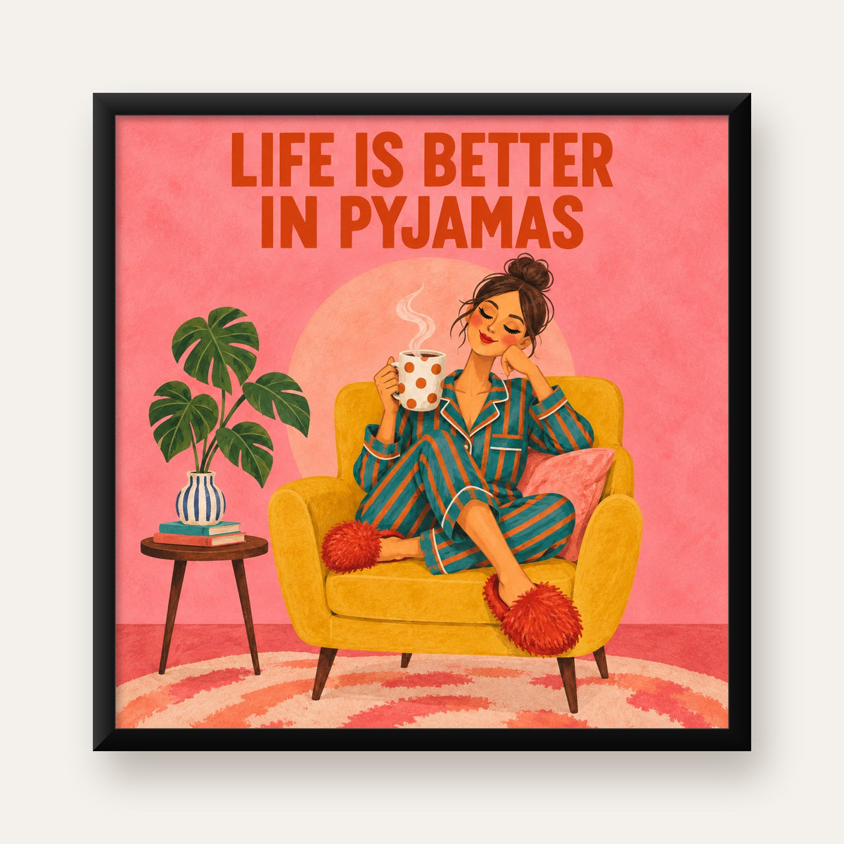 Pembe Arka Planlı Pijamalı Kadın Modern Poster — Kare baskı, düz siyah çerçeveli duvar posteri