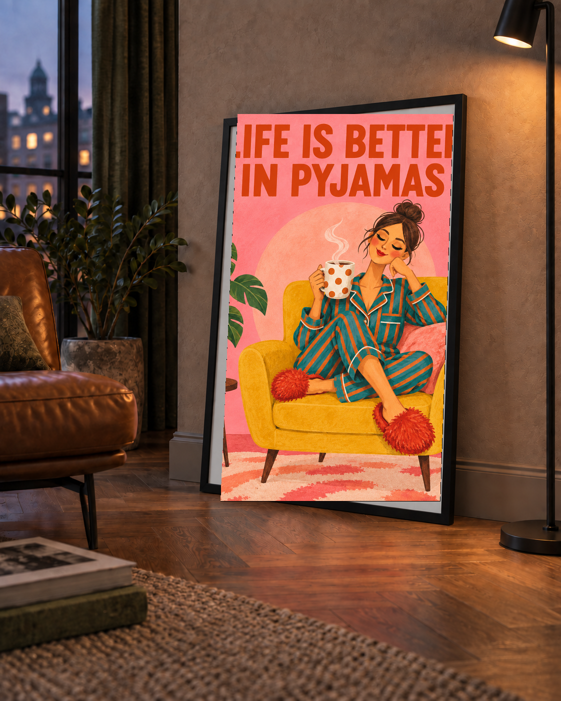 Pembe Arka Planlı Pijamalı Kadın Modern Poster
