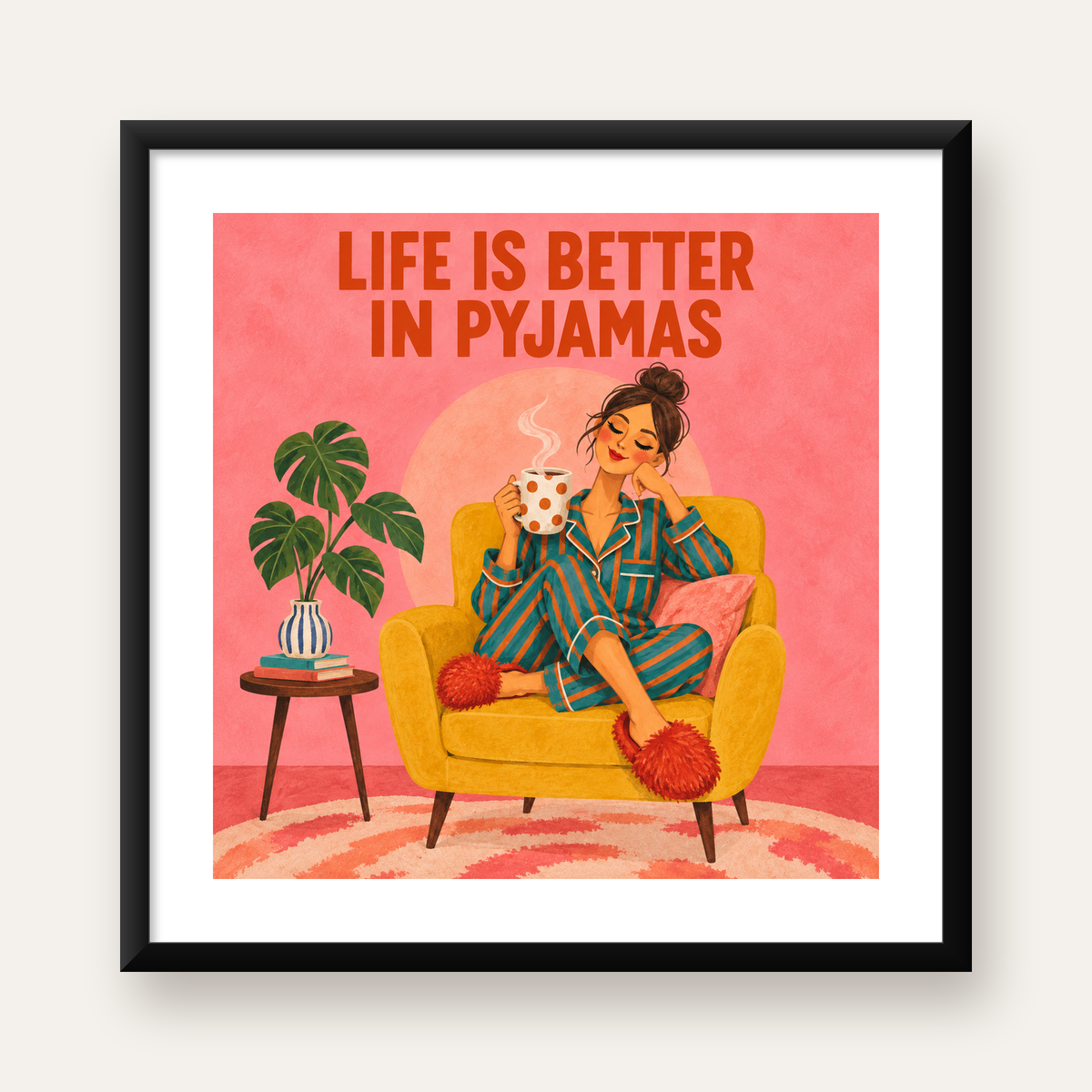 Pembe Arka Planlı Pijamalı Kadın Modern Poster — Kare baskı, beyaz paspartulu