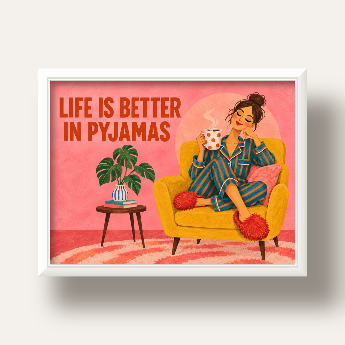 Pembe Arka Planlı Pijamalı Kadın Modern Poster — beyaz derin çerçeveli