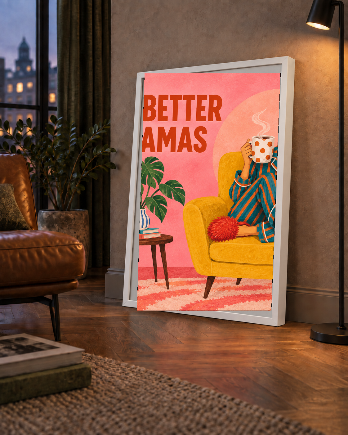 Pembe Arka Planlı Pijamalı Kadın Modern Poster