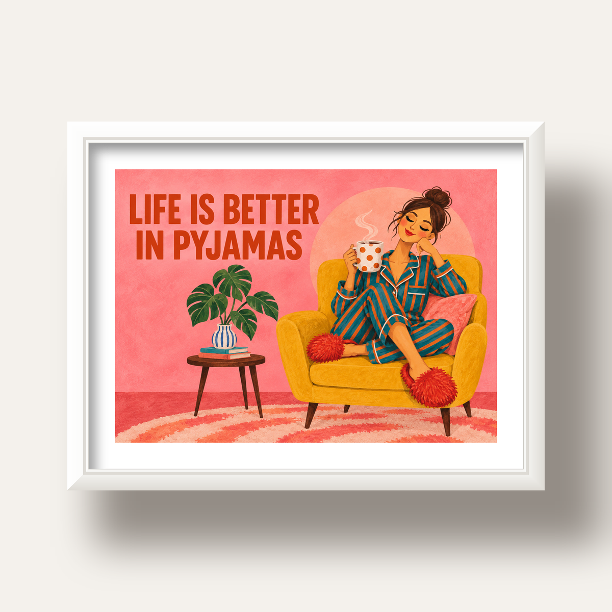 Pembe Arka Planlı Pijamalı Kadın Modern Poster — beyaz derin çerçeveli paspartulu