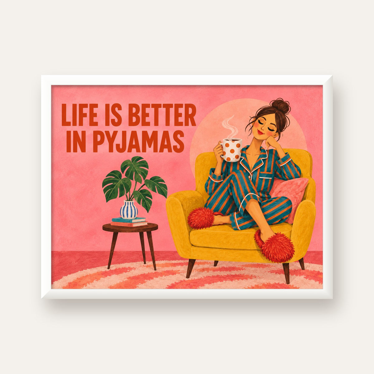 Pembe Arka Planlı Pijamalı Kadın Modern Poster — beyaz çerçeveli yatay poster