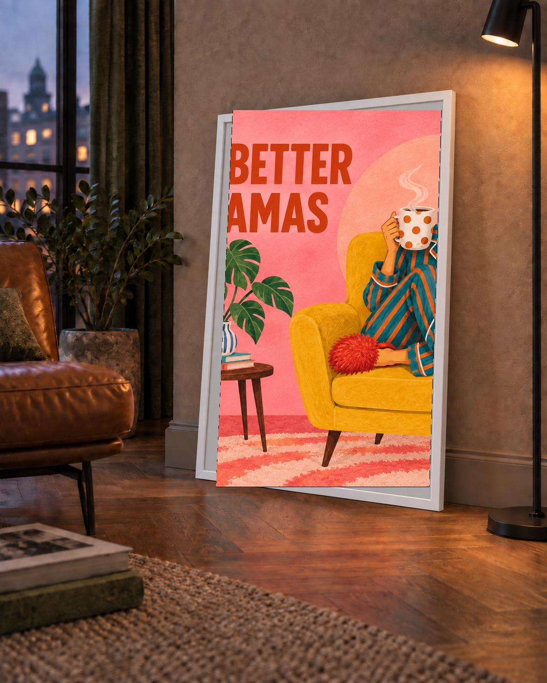 Pembe Arka Planlı Pijamalı Kadın Modern Poster