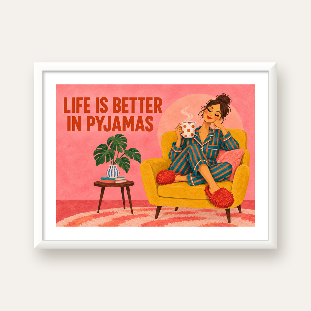 Pembe Arka Planlı Pijamalı Kadın Modern Poster — beyaz çerçeveli yatay poster
