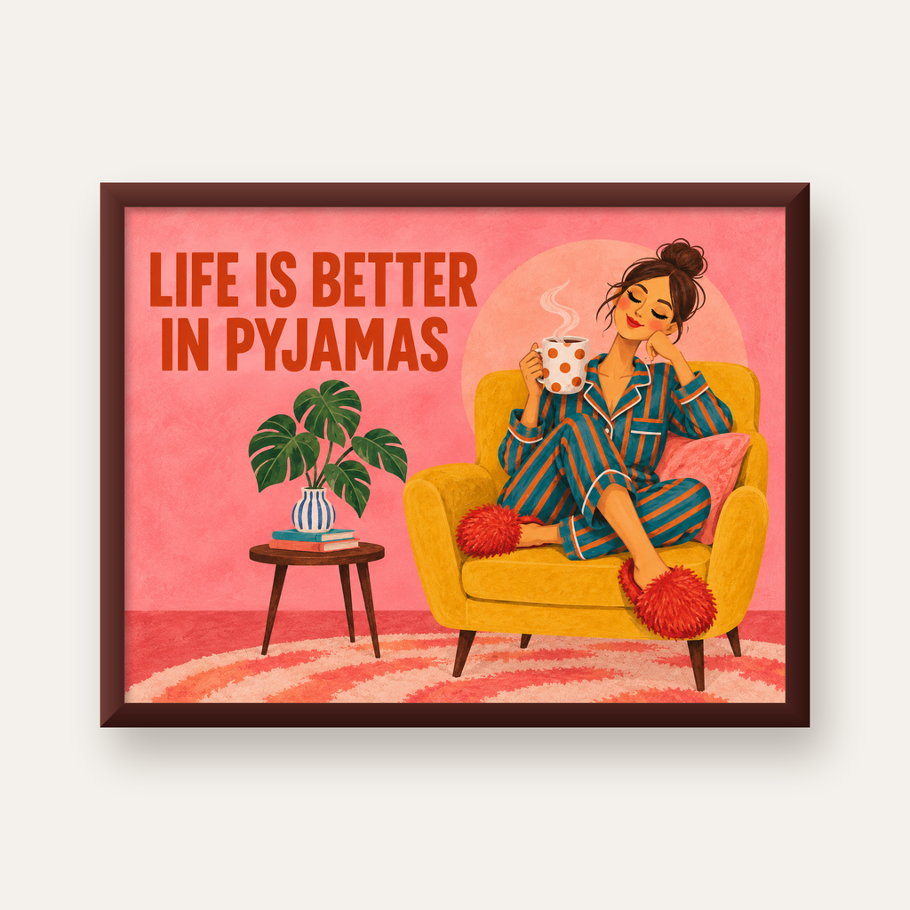 Pembe Arka Planlı Pijamalı Kadın Modern Poster — ceviz çerçeveli