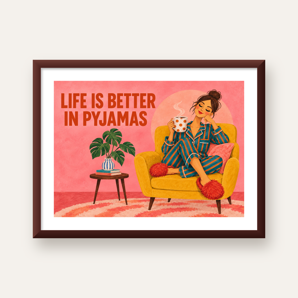 Pembe Arka Planlı Pijamalı Kadın Modern Poster — ceviz çerçeveli paspartulu