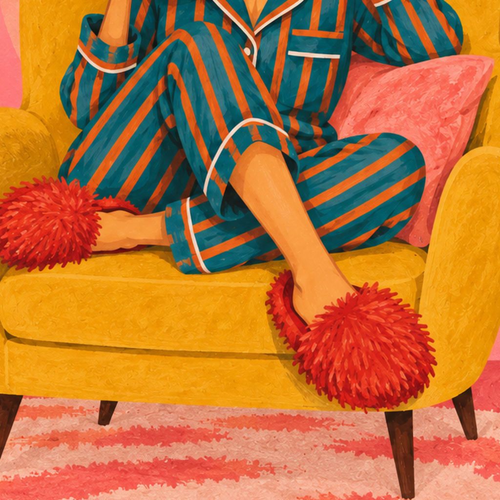Pembe Arka Planlı Pijamalı Kadın Modern Poster — baskının yakın çekimi, kâğıt dokusu ve renk detayı