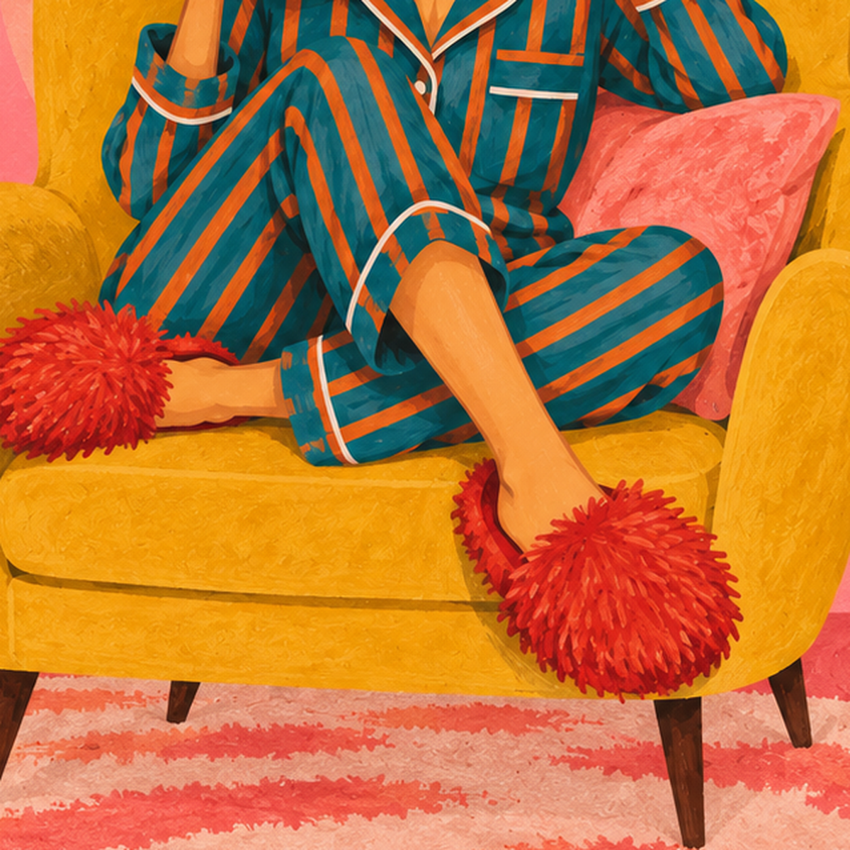 Pembe Arka Planlı Pijamalı Kadın Modern Poster — baskının yakın çekimi, kâğıt dokusu ve renk detayı
